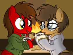 Size: 1600x1200 | Tagged: safe, artist:toyminator900, imported from derpibooru, oc, oc only, oc:binky, oc:chip, hybrid, pegasus, pony, zony, bread, chocolate, clothes, duo, fireplace, food, freckles, glasses, hoodie, hot chocolate, marshmallows, pegasus oc, wings, zony oc