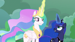 Size: 1920x1080 | Tagged: safe, imported from derpibooru, screencap, princess celestia, princess luna, alicorn, pony, the ending of the end, female, glowing horn, horn, mare, royal sisters, siblings, sisters