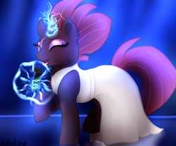 Size: 2777x2304 | Tagged: safe, artist:hollistars, imported from derpibooru, fizzlepop berrytwist, tempest shadow, pony, unicorn, broken horn, clothes, dress, eurovision song contest, eye scar, eyes closed, female, glowing horn, horn, magic, mare, microphone, scar, signature, singing, solo, sparking horn, tail, telekinesis, white dress