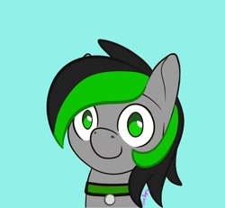 Size: 1024x946 | Tagged: safe, artist:inkynotebook, imported from derpibooru, part of a set, oc, oc only, earth pony, pony, blue background, bust, collar, commission, earth pony oc, signature, simple background, smiling, solo, ych result