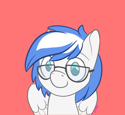 Size: 720x665 | Tagged: safe, artist:inkynotebook, imported from derpibooru, part of a set, oc, oc only, pegasus, pony, bust, commission, glasses, pegasus oc, signature, simple background, smiling, solo, wings, ych result