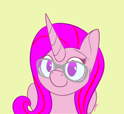 Size: 720x665 | Tagged: safe, artist:inkynotebook, imported from derpibooru, part of a set, oc, oc only, pony, unicorn, bust, commission, glasses, horn, signature, simple background, smiling, solo, unicorn oc, ych result