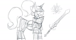 Size: 1920x1007 | Tagged: safe, artist:homicidal doktor, imported from derpibooru, pony, unicorn, armor, solo, sword, weapon