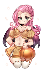 Size: 776x1214 | Tagged: safe, artist:kmprsyaa, imported from derpibooru, fluttershy, bat pony, human, adorasexy, bat ponified, belly button, breasts, cleavage, cute, flutterbat, hand on hip, humanized, midriff, pumpkin, race swap, sexy, simple background, smiling, solo, white background, winged humanization, wings