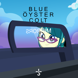 Size: 2000x2000 | Tagged: safe, artist:grapefruitface1, artist:punzil504, imported from derpibooru, juniper montage, equestria girls, album cover, blue oyster cult, car, equestria girls-ified, equestria girls-ified album cover, mirror, road, rock, show accurate, sky, solo, symbol, vector used
