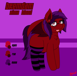 Size: 3049x3024 | Tagged: safe, artist:ryanthecone, imported from derpibooru, oc, oc only, oc:aima, oc:aima blood, bat pony, vampire, vampony, chest fluff, clothes, commission, glasses, reference sheet, socks, solo, striped socks, tongue out