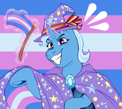 Size: 640x571 | Tagged: safe, artist:zaturn7z, imported from derpibooru, trixie, pony, unicorn, cape, clothes, glowing horn, grin, hat, horn, lesbian pride flag, levitation, magic, pride, pride flag, raised hoof, smiling, solo, telekinesis, trans female, trans girl, trans pride flag, trans trixie, transgender, transgender pride flag, trixie's cape, trixie's hat