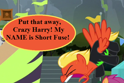 Size: 576x384 | Tagged: safe, edit, edited screencap, imported from derpibooru, screencap, scootaloo, short fuse, the washouts (episode), angry, clothes, cropped, implied crazy harry, speech, speech bubble, talking, the muppet show, the muppets, this will end in explosions, uh oh, uniform, washouts uniform