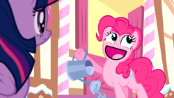 Size: 1920x1080 | Tagged: safe, edit, edited screencap, imported from derpibooru, screencap, pinkie pie, twilight sparkle, alicorn, earth pony, pony, pinkie pride, awesome face, cutie mark, meme, sugarcube corner, twilight sparkle (alicorn), watering can