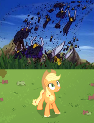 Size: 508x665 | Tagged: safe, edit, edited screencap, imported from derpibooru, screencap, applejack, bats!, bombshell (insecticon), clash of hasbro's titans, comparison, insecticons, kickback, plague of insecticons, shrapnel, transformers, worried