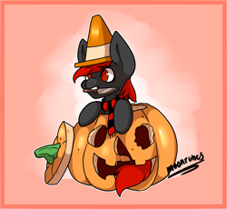 Size: 2518x2318 | Tagged: safe, artist:moonrunes, imported from derpibooru, oc, oc only, oc:ryanthecone, earth pony, gift art, halloween, halloween (movie), holiday, knife, pumpkin, traffic cone