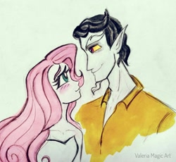 Size: 3165x2908 | Tagged: safe, artist:valeriamagicart, imported from derpibooru, discord, fluttershy, human, blushing, discoshy, female, humanized, looking at each other, male, shipping, straight, strapless, traditional art, younger