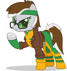 Size: 1280x1348 | Tagged: safe, artist:mlp-trailgrazer, imported from derpibooru, oc, oc only, oc:pickfairy, pony, clothes, female, glasses, hoof gloves, mare, rogue (x-men), simple background, solo, transparent background