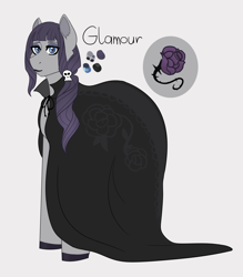 Size: 1928x2196 | Tagged: safe, artist:hahyh, imported from derpibooru, oc, oc only, oc:glamour, earth pony, pony, cloak, clothes, eyeshadow, goth, gray background, magical lesbian spawn, makeup, male, offspring, parent:maud pie, parent:rarity, parents:rarimaud, simple background, solo, stallion