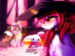 Size: 4100x3100 | Tagged: safe, artist:1fresita, artist:krissstudios, imported from derpibooru, oc, oc only, oc:yuko chan, cat, pony, unicorn, bread, candle, female, food, halo, hat, mare, solo, witch hat