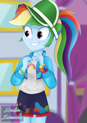 Size: 1500x2121 | Tagged: safe, artist:nadiakaizane, imported from derpibooru, rainbow dash, equestria girls, equestria girls series, spoiler:eqg series (season 2), arm band, bracelet, clothes, cute, dashabetes, female, grin, hat, jacket, jewelry, music festival outfit, ponytail, shorts, smiling, solo