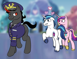 Size: 4184x3212 | Tagged: safe, artist:registereduser, derpibooru exclusive, imported from derpibooru, king sombra, princess cadance, shining armor, alicorn, unicorn, bottomless, butt, clothes, distracted boyfriend meme, dock, female, gay, gay in front of girls, implied gay, infidelity, infidelity armor, male, meme, partial nudity, plot, plot pair, shiningsombra, shipping, stupid sexy sombra, tail, uniform, wonderbolts uniform