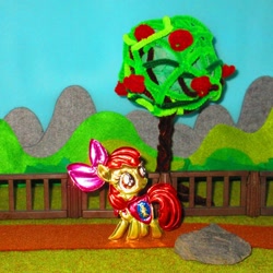 Size: 1024x1024 | Tagged: safe, alternate version, artist:malte279, imported from derpibooru, part of a set, apple bloom, earth pony, pony, craft, embossing, irl, metal foil, photo, playmobil, relief