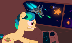 Size: 3640x2220 | Tagged: safe, artist:wyattstonencc96230a, imported from derpibooru, oc, oc only, oc:apogee, earth pony, pony, explosion, female, laser, mare, older apogee, planet, sabre xf-23 interceptor, scarab k.l.a.w. interceptor, scared, snap ships, solo, space, space battle, sun, wingless
