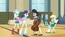 Size: 1920x1080 | Tagged: safe, imported from derpibooru, screencap, aqua blossom, blueberry cake, bon bon, derpy hooves, lyra heartstrings, octavia melody, sweetie drops, equestria girls, rainbow rocks, angry, background human, bon bon is not amused, boots, bowl, bowtie, cello, chair, clothes, crossed arms, cupcake, flower, food, hand on hip, high heel boots, mary janes, musical instrument, necktie, popcorn, shoes, socks, table, unamused