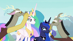 Size: 1920x1080 | Tagged: safe, imported from derpibooru, screencap, discord, princess celestia, princess luna, draconequus, the ending of the end