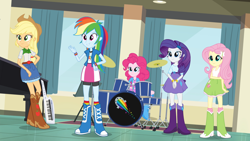 Size: 1920x1080 | Tagged: safe, imported from derpibooru, screencap, applejack, fluttershy, pinkie pie, rainbow dash, rarity, equestria girls, rainbow rocks, drums, humane five, keytar, musical instrument, piano