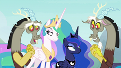 Size: 1920x1080 | Tagged: safe, imported from derpibooru, screencap, discord, princess celestia, princess luna, the ending of the end, cute, discute