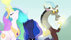 Size: 1920x1080 | Tagged: safe, imported from derpibooru, screencap, discord, princess celestia, princess luna, alicorn, draconequus, the ending of the end, crown, glowing, glowing horn, grin, horn, imminent attack, jewelry, lightning, magic, pathetic, regalia, smiling, trio