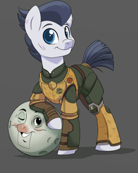 Size: 1200x1500 | Tagged: safe, artist:itstaylor-made, imported from derpibooru, rumble, pony, ball, clothes, older, outer worlds, solo, uniform