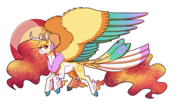 Size: 2600x1588 | Tagged: safe, artist:inuhoshi-to-darkpen, imported from derpibooru, princess celestia, alicorn, pony, alternate design, cloven hooves, colored wings, curved horn, ear fluff, ethereal mane, horn, hybrid wings, multicolored wings, redesign, simple background, solo, starry mane, tail feathers, transparent background, unshorn fetlocks, wings