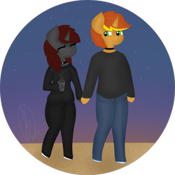 Size: 2713x2713 | Tagged: safe, artist:embermare, artist:emberstoneeqf, imported from derpibooru, oc, oc:ember stone, oc:radray, anthro, unicorn, beach, clothes, couple, cute, female, male, relationship, sunset, walk