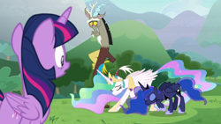 Size: 1920x1080 | Tagged: safe, imported from derpibooru, screencap, discord, princess celestia, princess luna, twilight sparkle, alicorn, draconequus, pony, the ending of the end, bowing, butt, female, male, mare, plot, twilight sparkle (alicorn)