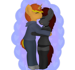 Size: 1800x1700 | Tagged: safe, artist:embermare, artist:emberstoneeqf, imported from derpibooru, oc, oc:ember stone, oc:radray, anthro, unicorn, clothes, couple, hug