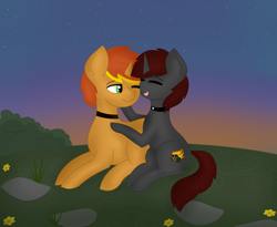 Size: 2828x2322 | Tagged: safe, artist:ember stone, artist:embermare, imported from derpibooru, oc, oc:ember stone, oc:radray, unicorn, couple, hug, outdoors, sunset