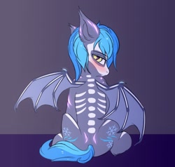 Size: 2048x1950 | Tagged: safe, artist:snowstormbat, imported from derpibooru, oc, oc:midnight snowstorm, bat pony, pony, bat pony oc, bat wings, blushing, bodypaint, clothes, costume, halloween, holiday, looking at you, male, sitting, skeleton costume, solo, stallion, wings