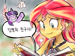 Size: 1024x768 | Tagged: safe, artist:haden-2375, imported from derpibooru, sunset shimmer, twilight sparkle, pony, equestria girls, equestria girls series, forgotten friendship, blushing, book, clothes, cute, female, korean, scene interpretation, sleeveless, smiling, swimsuit, translated in the comments, translation request