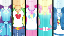 Size: 1920x1080 | Tagged: safe, imported from derpibooru, screencap, applejack, fluttershy, pinkie pie, rainbow dash, rarity, human, equestria girls, equestria girls series, forgotten friendship, boobshot, breasts, clothes, cutie mark, cutie mark on clothes, denim skirt, faceless female, female, geode of fauna, geode of shielding, geode of sugar bombs, geode of super speed, geode of super strength, hoodie, humane five, jewelry, magical geodes, necklace, offscreen character, pictures of chests, pink hair, purple hair, rarity peplum dress, red hair, shirt, skirt, smiling, t-shirt, tanktop, transformation, yellow hair