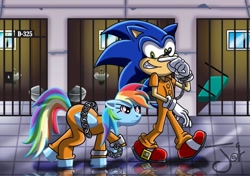 Size: 1024x720 | Tagged: safe, artist:boy-wolf, imported from derpibooru, rainbow dash, bashing, bound wings, chained, clothes, cuffs, jail, prison, prison outfit, prisoner rd, sonic the hedgehog, sonic the hedgehog (series), story in the comments, walking, wings