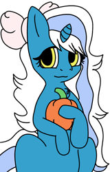 Size: 680x1064 | Tagged: safe, artist:liannty, imported from derpibooru, oc, oc only, oc:fleurbelle, alicorn, semi-anthro, alicorn oc, bow, female, hair bow, holding, horn, mare, pumpkin, simple background, smiling, smiling at you, solo, transparent background, wings, yellow eyes