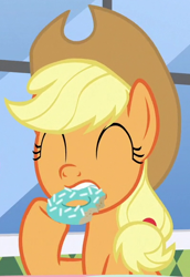 Size: 400x581 | Tagged: safe, imported from derpibooru, screencap, applejack, pony, the ending of the end, cropped, donut, eating, food, herbivore, solo