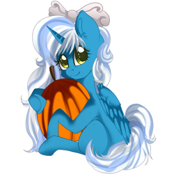 Size: 1024x1024 | Tagged: safe, artist:sakimiaji, imported from derpibooru, oc, oc only, oc:fleurbelle, alicorn, pony, alicorn oc, bow, female, hair bow, horn, hug, mare, pumpkin, simple background, smiling, solo, transparent background, wingding eyes, wings, yellow eyes