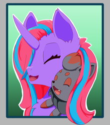 Size: 883x1000 | Tagged: safe, artist:backgroundpony#f352, imported from derpibooru, oc, oc only, pony, unicorn, zorua, eyes closed, female, fluffy, horn, mare, open mouth, pokémon, simple background, tooth