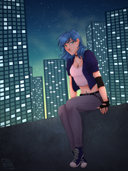 Size: 1258x1671 | Tagged: safe, artist:alicetriestodraw, imported from derpibooru, princess luna, human, belly, belly button, choker, city, cityscape, clothes, converse, female, gloves, humanized, jewelry, loose hair, necklace, night, night city, pants, shoes, sitting, skyscrapers, solo, stars