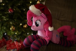 Size: 1200x800 | Tagged: safe, artist:blackwater627, artist:littleshyfim, imported from derpibooru, pinkie pie, earth pony, pony, christmas, christmas tree, clothes, cute, hat, holiday, irl, photo, plushie, santa hat, socks, striped socks, tree