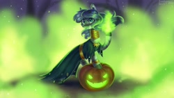 Size: 2400x1349 | Tagged: safe, artist:enderselyatdark, imported from derpibooru, zecora, pony, zebra, luna eclipsed, clothes, costume, fire, halloween, holiday, nightmare night, pumpkin, solo