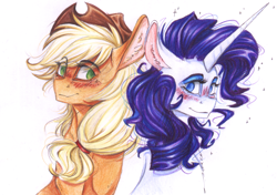 Size: 1545x1086 | Tagged: safe, artist:scootiegp, imported from derpibooru, applejack, rarity, earth pony, pony, unicorn, blushing, bust, female, lesbian, portrait, rarijack, shipping, smiling, traditional art