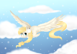 Size: 1516x1065 | Tagged: safe, artist:ayoarts, imported from derpibooru, oc, oc only, oc:snowy, pegasus, pony, female, flying, snow, solo