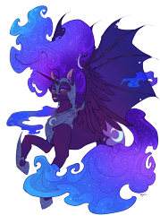 Size: 2953x4134 | Tagged: safe, artist:sourcherry, imported from derpibooru, nightmare moon, alicorn, pony, armor, bat wings, blushing, horn, simple background, solo, transparent background, wings