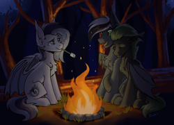 Size: 2004x1440 | Tagged: safe, artist:dark lightning, artist:dorkmark, imported from derpibooru, oc, oc only, oc:alana, oc:naisha, oc:q'pon, bat pony, pony, bat pony oc, bat wings, campfire, fire, forest, night, solo, wings