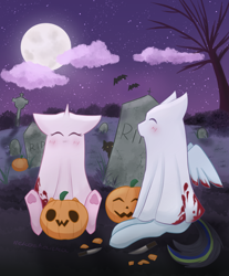 Size: 2110x2545 | Tagged: safe, artist:nekoshanka, imported from derpibooru, oc, oc:blinking cursor, oc:lukshana, ghost, ghost pony, pegasus, pony, undead, unicorn, background, bedsheet ghost, carving, cemetery, clothes, costume, couple, cute, date, date night, gravestone, graveyard, halloween, halloween costume, holiday, illustration, moon, night, pumpkin, spooky